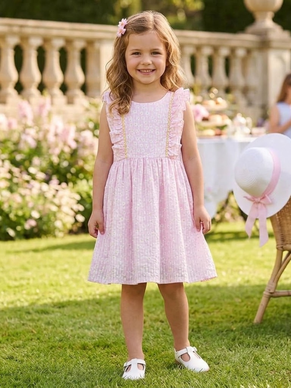 Laura Ashley Girls Pink Floral Ruffle Sleeveless Bow Back Dress Size 6